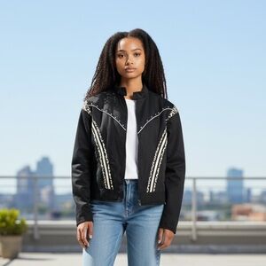 Vintage Hollywood Choppers Womens Animal Print Moto Biker Jacket Black Medium